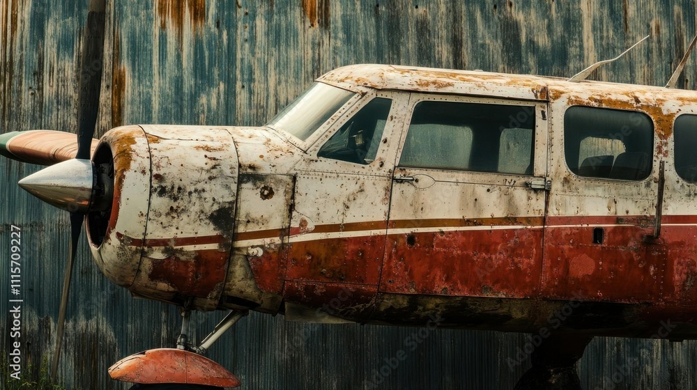 A weathered aircraft with rust, parked near a textured backdrop. A weathered aircraft with rust, parked near a textured backdrop.