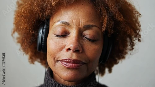 Peaceful Melodies: A woman with vibrant auburn curls finds solace and tranquility while listening to music through headphones, eyes closed in serene contentment. photo