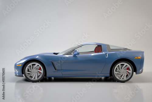 A blue sports car sits on a gray floor.