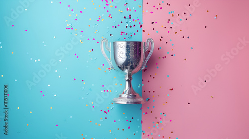 one silver winners cup with sparkles on pastle pink blue background ai generative  photo