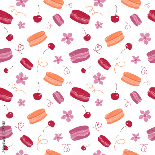 Vector seamless hand drawn flat bright macaron pattern with cherry and blossom, fresh bakery for breakfast, symbol of France, traditional cuisine.

