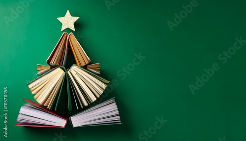 Golden-star-topped book tree design on green, unique idea for bookish festive cards or decor