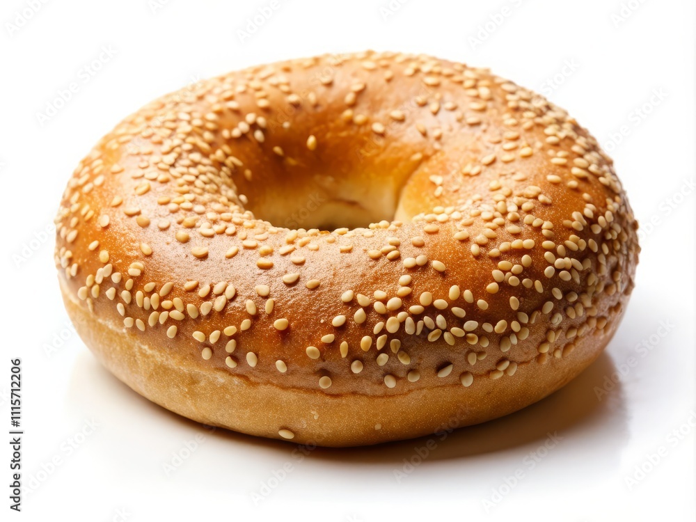 Isolated Wide-Angle Image of a Chewy Sesame Bagel on a White Background Perfect for Breakfast or Culinary Themes with Ample Copy Space for Text or Design Elements Isolated Wide-Angle Image of a Chewy Sesame Bagel on a White Background Perfect for Breakfast or Culinary Themes with Ample Copy Space for Text or Design Elements