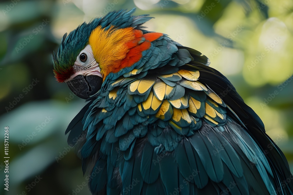 Fototapeta premium A colorful parrot with vibrant feathers perched amidst green foliage.