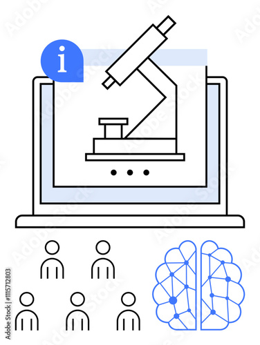 Computer screen displaying microscope surrounded by information icon community of individuals, and AI brain. Ideal for science, research, lab work, AI, data analysis, community, education. Line