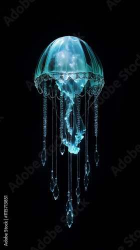 Phone wallpaper: single jellyfish floating in a black background, with cyan and aquamarine hues, intricate glass-like appearance, luminous lighting, a fantasy-inspired art