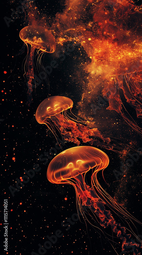 Phone wallpaper: group of glowing orange jellyfish floating in space, with stars and galaxies in the background, a black sky, in a hyperrealistic style, cosmic theme photo