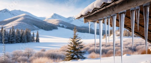 Icicles hanging from wooden roof with mountain view photo