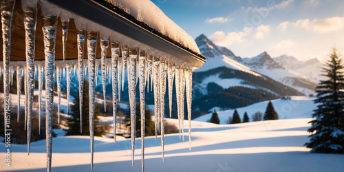 Icicles hanging from the edge of the roof against mountain landscape background with snow-capped peaks photo