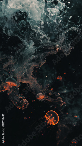 Phone wallpaper: dark background with swirling water and jellyfish floating in it, glowing with orange and dark background