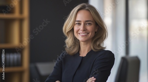 businesswoman corporate portrait in office, young smiling European mature middle aged manager business woman. Portrait of a businesswoman standing in a modern office.