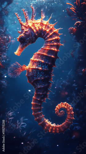 Phone wallpaper: eahorse with fiery red and orange scales, swimming gracefully in the deep blue ocean. The background is filled with vibrant coral reefs, creating an underwater scene photo