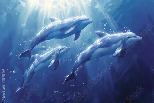 Marine mammals like dolphins seals swimming together in the deep ocean rich blue hues adding depth to a realistic underwater scene photo