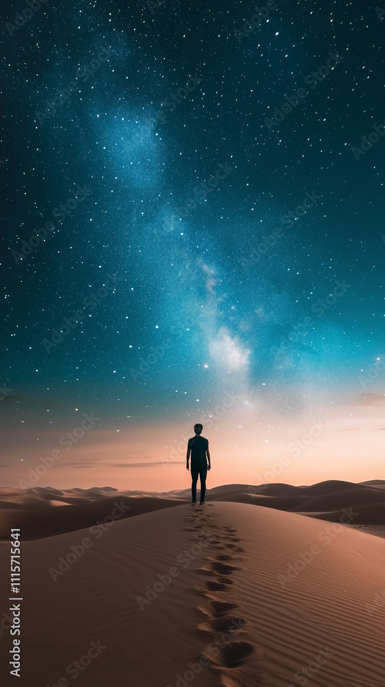 Fototapeta premium Phone wallpaper: person standing in the desert under a starry sky, with sand dunes and footprints visible on the ground, conveying a sense of solitude and mystery