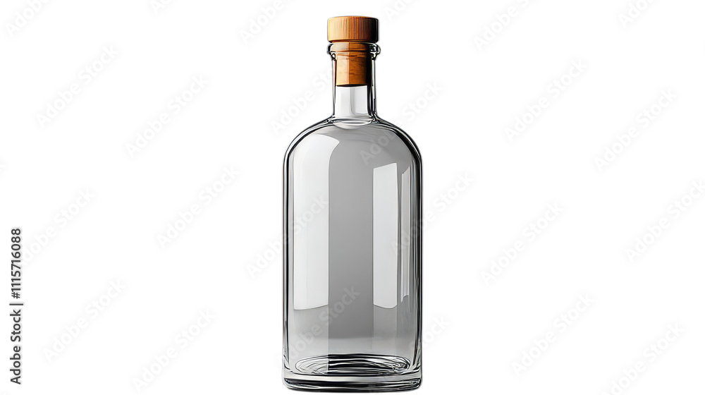 An empty glass bottle with a wooden stopper on a transparent background. The bottle is tall and narrow, rectangular in shape. An empty glass bottle with a wooden stopper on a transparent background. The bottle is tall and narrow, rectangular in shape.