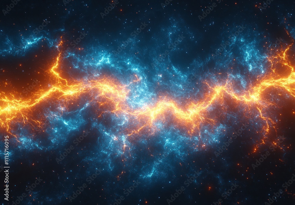 Abstract Lightning Bolt with Blue and Orange Glowing in Space Abstract Lightning Bolt with Blue and Orange Glowing in Space