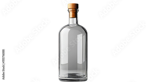An empty glass bottle with a wooden stopper on a transparent background. The bottle is tall and narrow, rectangular in shape.