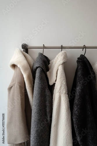 Elegant winter coats displayed against minimalist decor