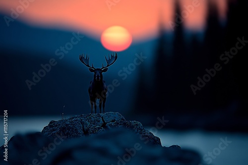 Majestic moose standing near a reflective lake in a forest clearing at sunset warm and rich tones creating a naturalistic scene photo