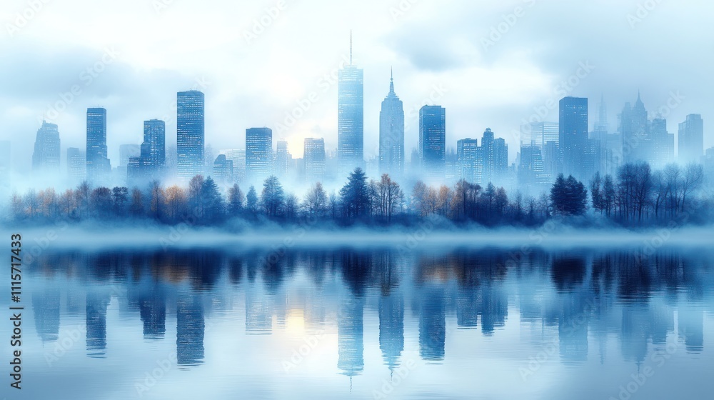 Fototapeta premium Misty city skyline reflected in calm water at dawn.