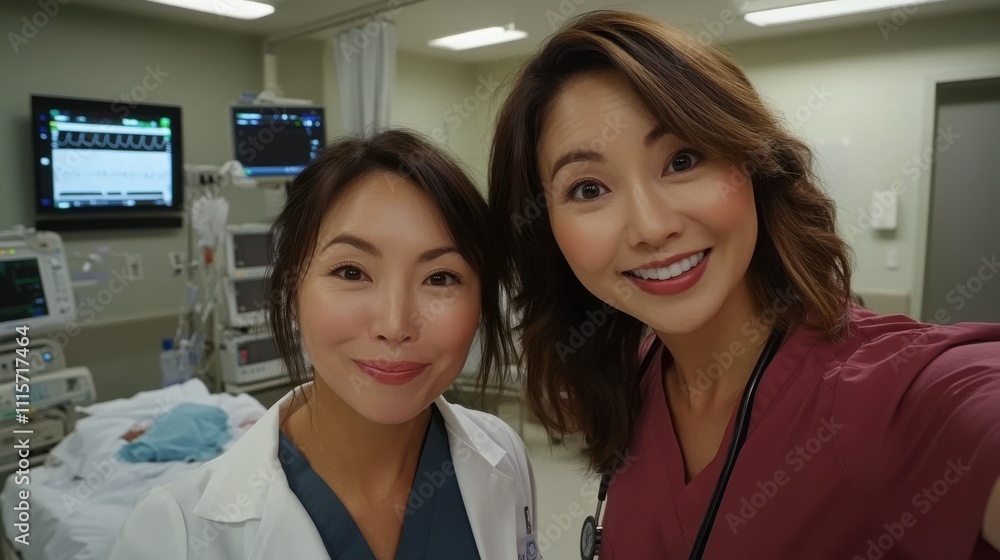 Two healthcare professionals smiling in a hospital setting. Two healthcare professionals smiling in a hospital setting.