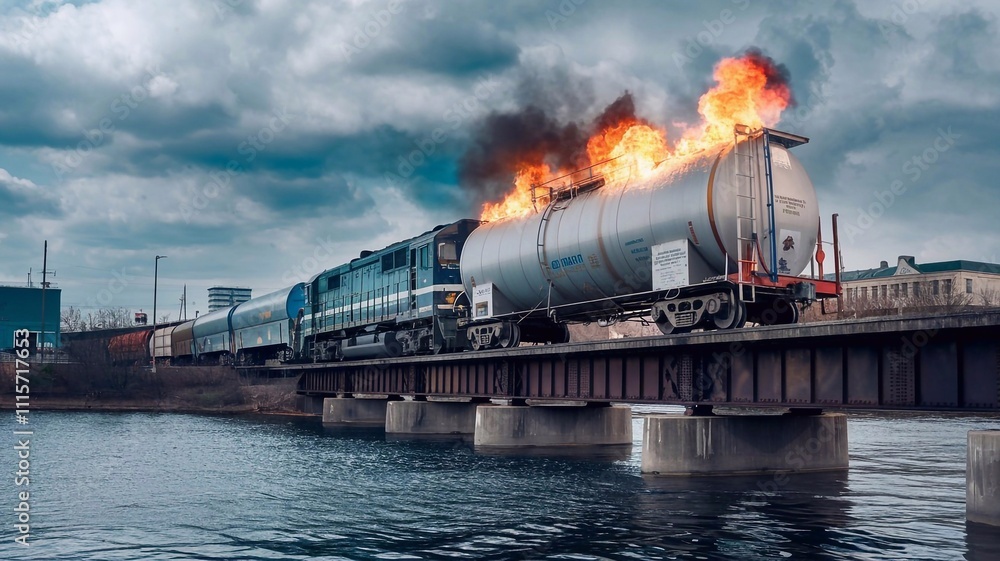 Fototapeta premium A dramatic scene of a derailed freight train with a tanker car ablaze, symbolizing danger, hazardous materials, and the risks associated with transportation incidents