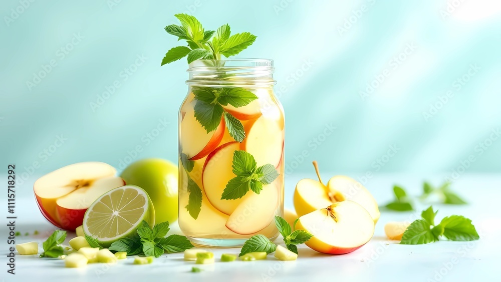 Refreshing Apple and Mint Water in a Glass Jar, Featuring Sliced Apples and Fresh Mint Leaves for a Healthy Drink Refreshing Apple and Mint Water in a Glass Jar, Featuring Sliced Apples and Fresh Mint Leaves for a Healthy Drink