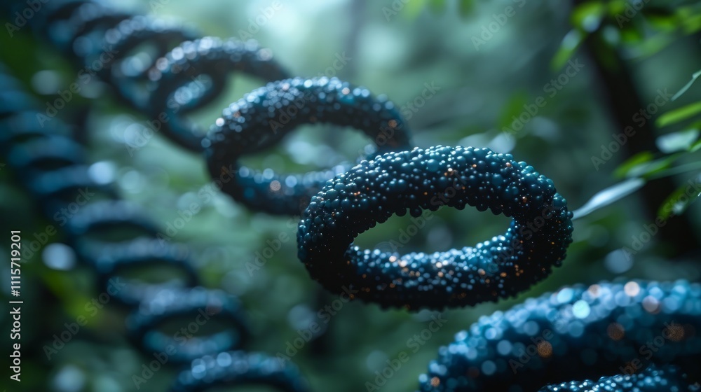 Fototapeta premium Abstract teal rings linked in a spiral, nature backdrop.