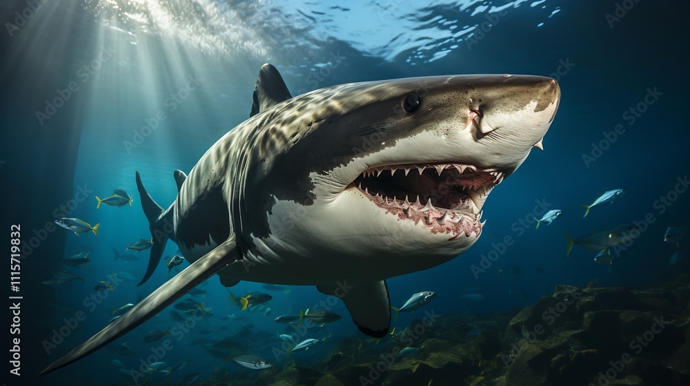 Fototapeta premium Orca swimming near iceberg under cloudy sky soft lighting and realistic details cool blue tones