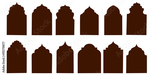 Indian Shape Arch Frame. Set of silhouette eid mubarak decorative arches, mosque borders or moroccan gates. Traditional islamic window. Arabic muslim architecture design elements, ramadan frames