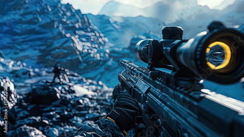 A first person view of a sniper aiming a rifle with a scope at a distant target in a snowy mountain range. photo