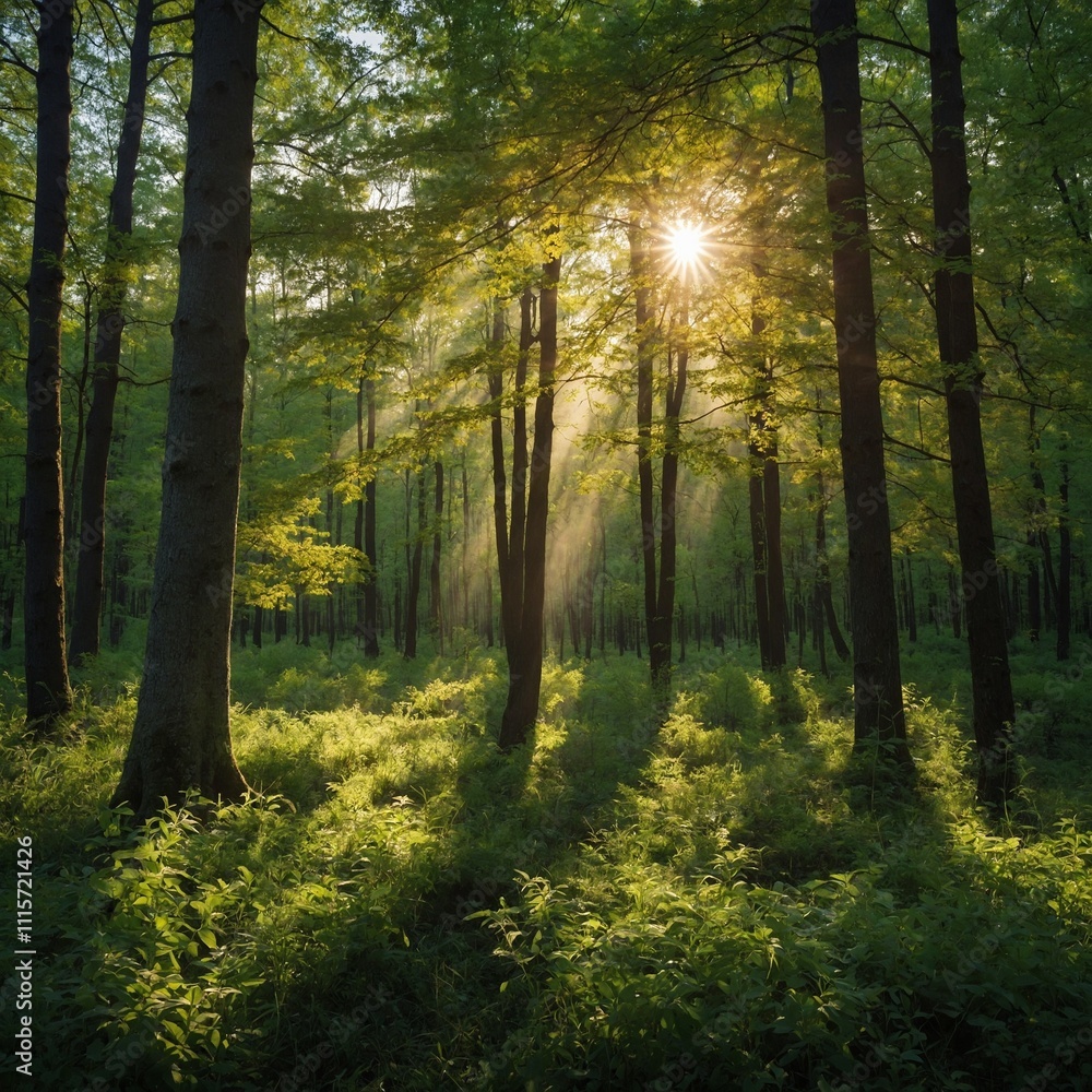 Fototapeta premium A beautiful fresh spring forest with sunlight streaming through the trees.