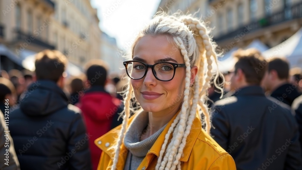 Fototapeta premium woman with white dreadlocks and glasses stands at a rally among a crowd of people
