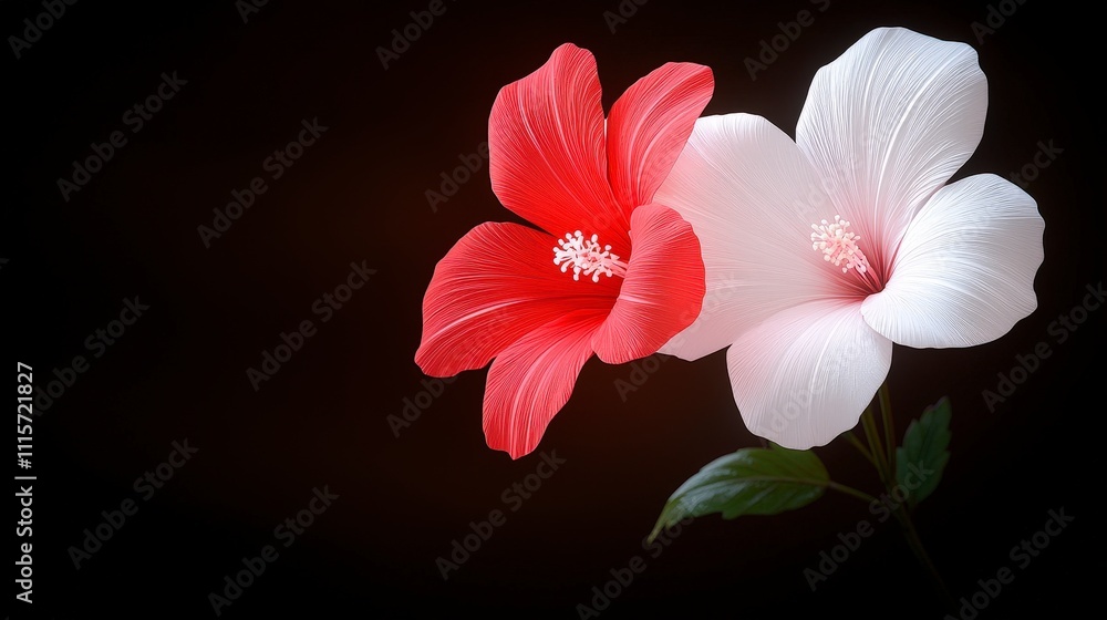Fototapeta premium Stunning Red and White Hibiscus Flowers Dark Background Cinematic Lighting 4K Floral P