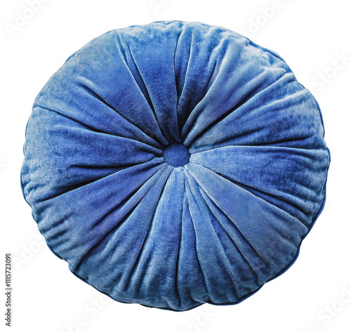 Plush blue cushion with tufted design, cut out - stock png. photo