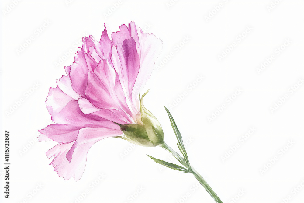 Watercolor botanical illustration of delicate pink carnation, soft translucent layers Watercolor botanical illustration of delicate pink carnation, soft translucent layers