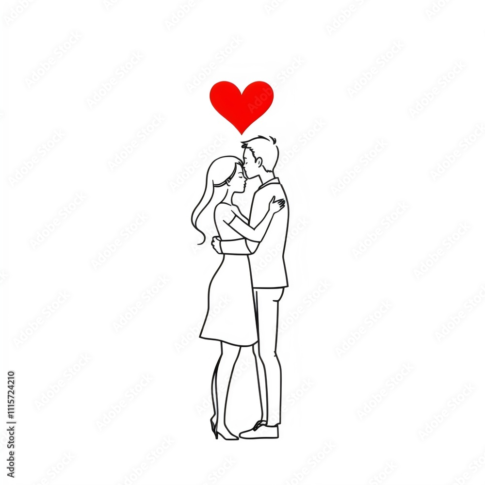 A minimalist line drawing of a couple embracing, with a simple and elegant design on a white background. A red heart floats above the couple, symbolizing love and affection A minimalist line drawing of a couple embracing, with a simple and elegant design on a white background. A red heart floats above the couple, symbolizing love and affection