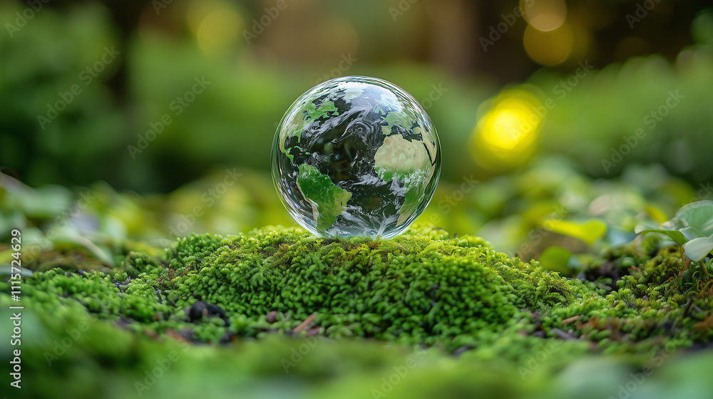 Crystal globe glass on green moss and grass in forest, the environment ecology and Earth Day, ESG concept Crystal globe glass on green moss and grass in forest, the environment ecology and Earth Day, ESG concept