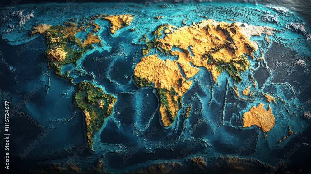 Naklejka premium A detailed relief map of the world showcasing topography.