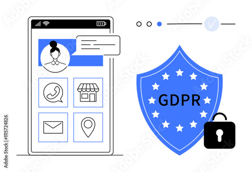 Mobile app with user profile, phone, store, email, and location icons. GDPR shield with lock and stars. Ideal for data security, privacy policy, user consent app design compliance digital