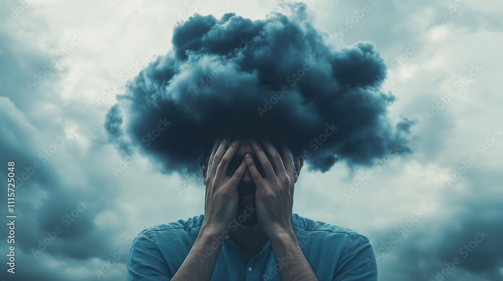 Naklejka premium Ciemna chmura nad głową człowieka to symbol depresji i problemów zdrowia psychicznego, ilustrujący emocjonalne wyczerpanie oraz niepokój, jakie towarzyszą tym stanom.