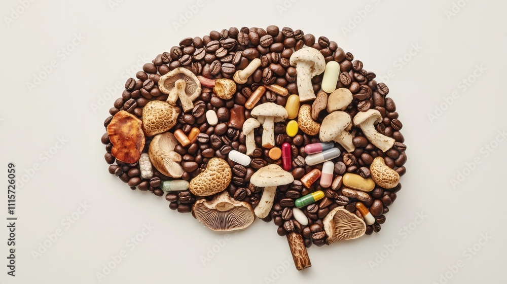 Obraz premium Brain shape made of coffee beans, mushrooms, and pills.
