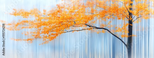 Wallpaper Mural In the misty forest, there is an autumn beech tree with golden leaves in full bloom. The background features blue and white vertical stripes of foggy trees. Torontodigital.ca