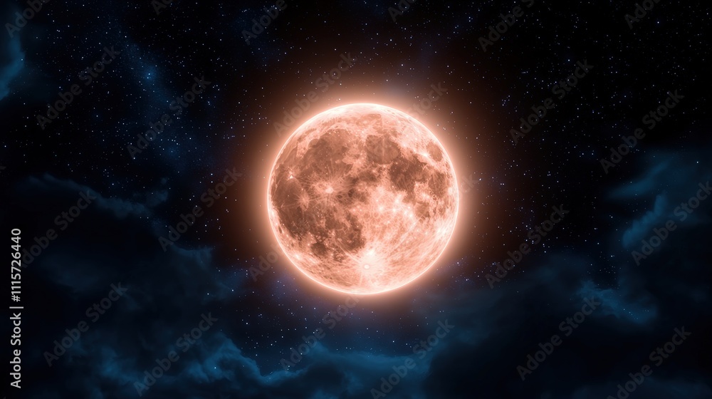 Obraz premium Full Orange Moon Night Sky Celestial Space Stars Night Clouds Lunar Astronomy Cosm