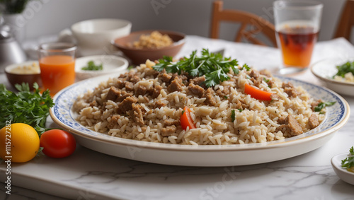 A large platter of rice with meat and vegetables, garnished with herbs. Drinks and other dishes are visible around it.