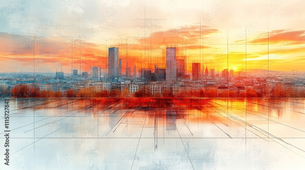 Obraz premium Abstract city skyline at sunset with vibrant colors and reflections.