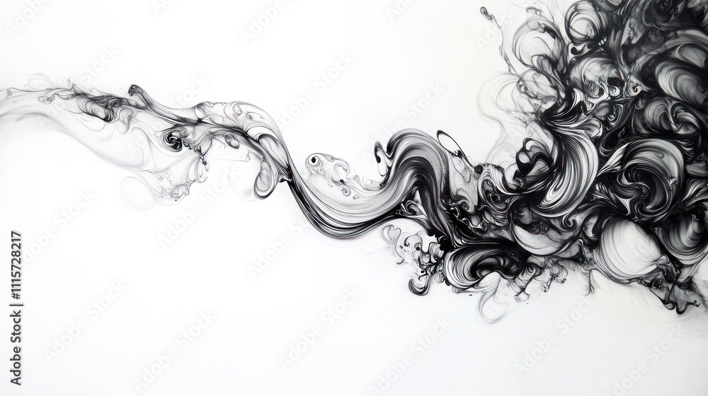 Fototapeta premium A captivating black ink swirl elegantly frames the edges of a pristine white background,