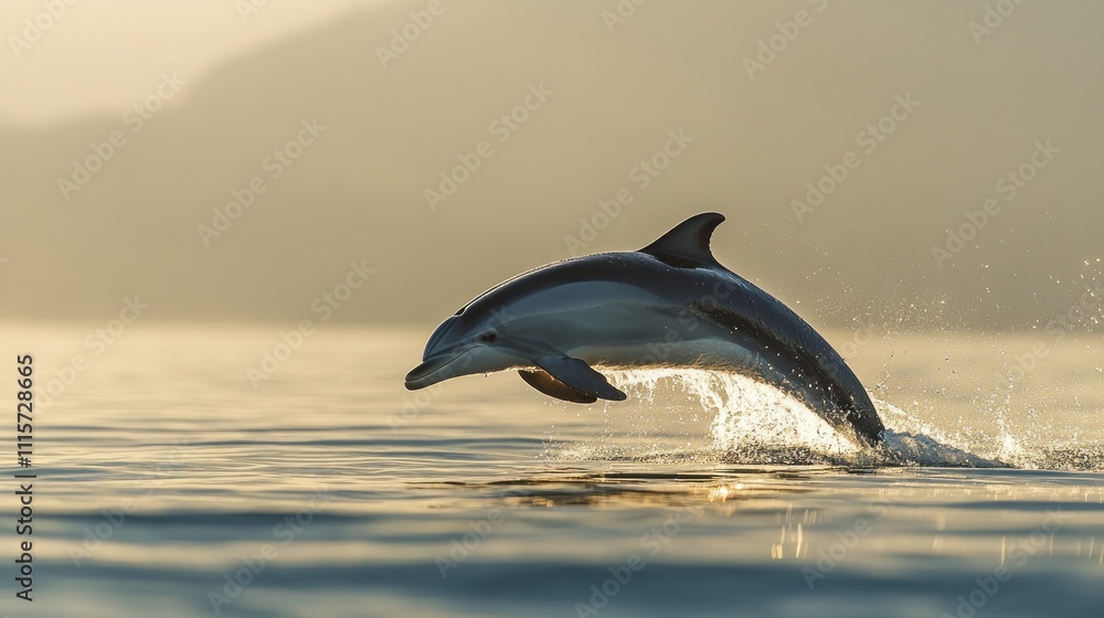 Obraz premium A dolphin leaps gracefully above the water's surface during sunset.