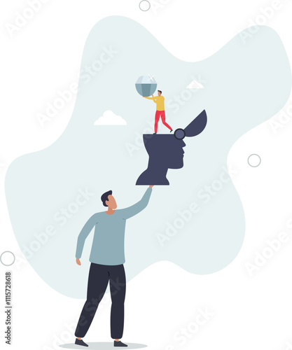 Self discovery, finding yourself searching for self value, success dream or meaning of life, exploration, inner or inside concept,flat characters.