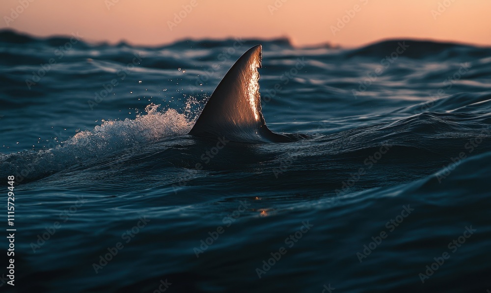 Fototapeta premium A shark fin emerges from the ocean at sunset, capturing nature's beauty.